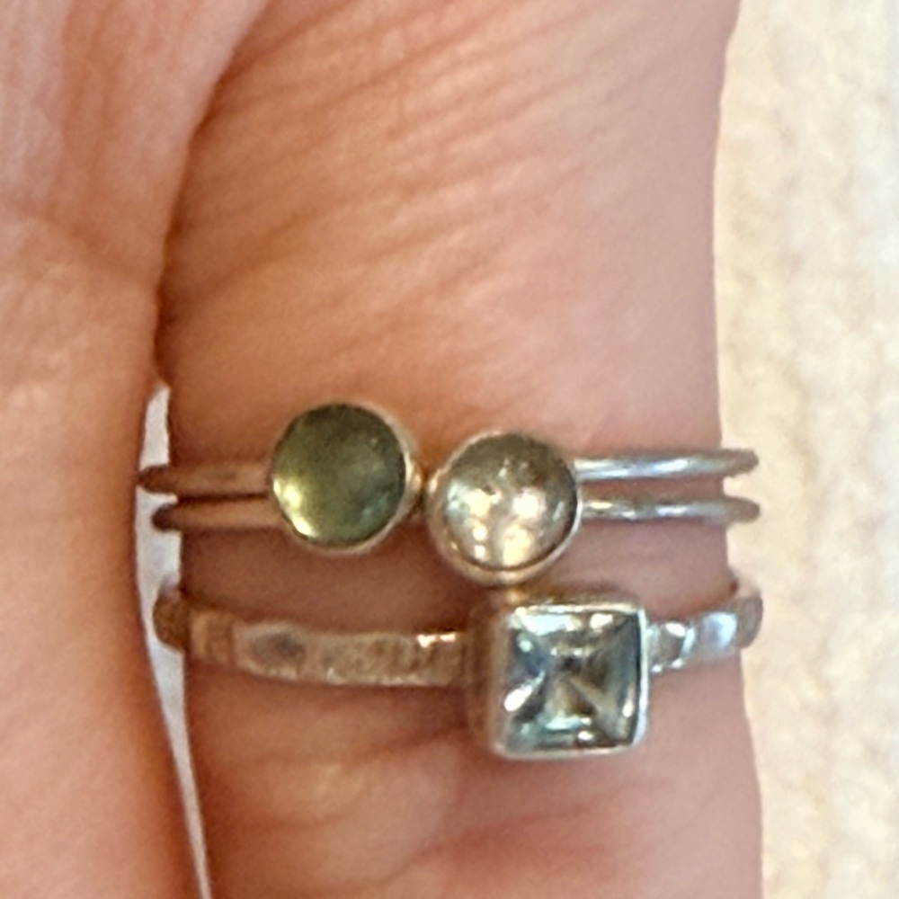 Sterling Silver stacking rings: moonstone, blue topaz,?third stone approx size 6